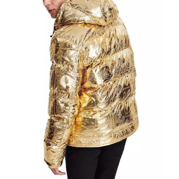 Levi's Puffer Jacket Men's L Gold Bandana Paisley Quilted Hooded X2814 $225 - Picture 6 of 14